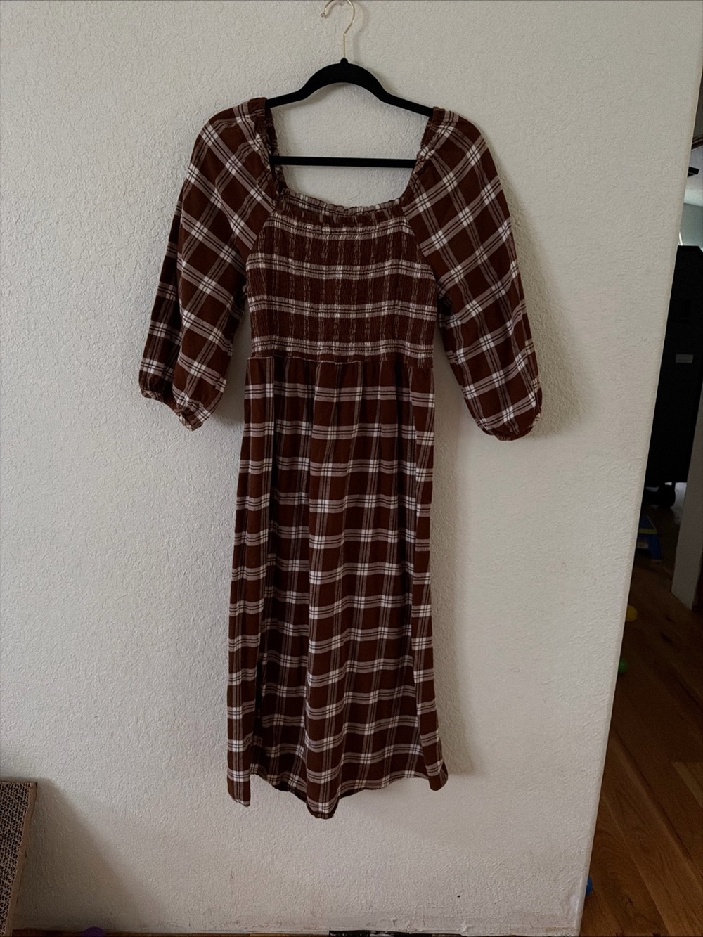 Plaid Brown Maxi Dress with Smocked Bodice